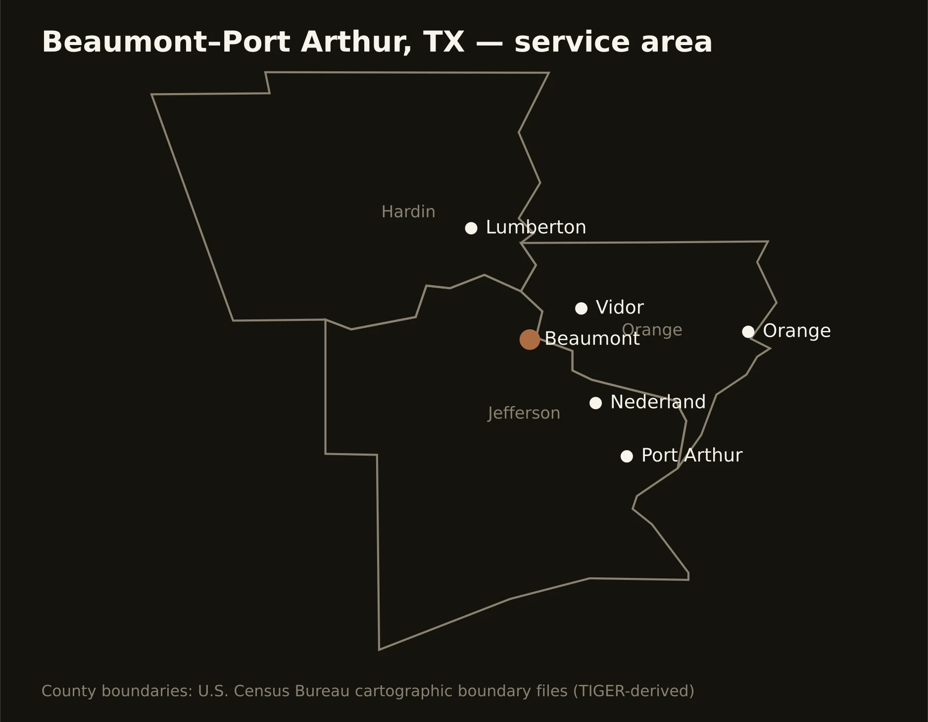 Beaumont–Port Arthur, TX directional drilling service area map — component counties and cities served